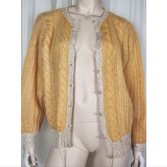 Vtg Mohair Wool knit drawstring cardigan sweater M/L - Picture 7 of 12